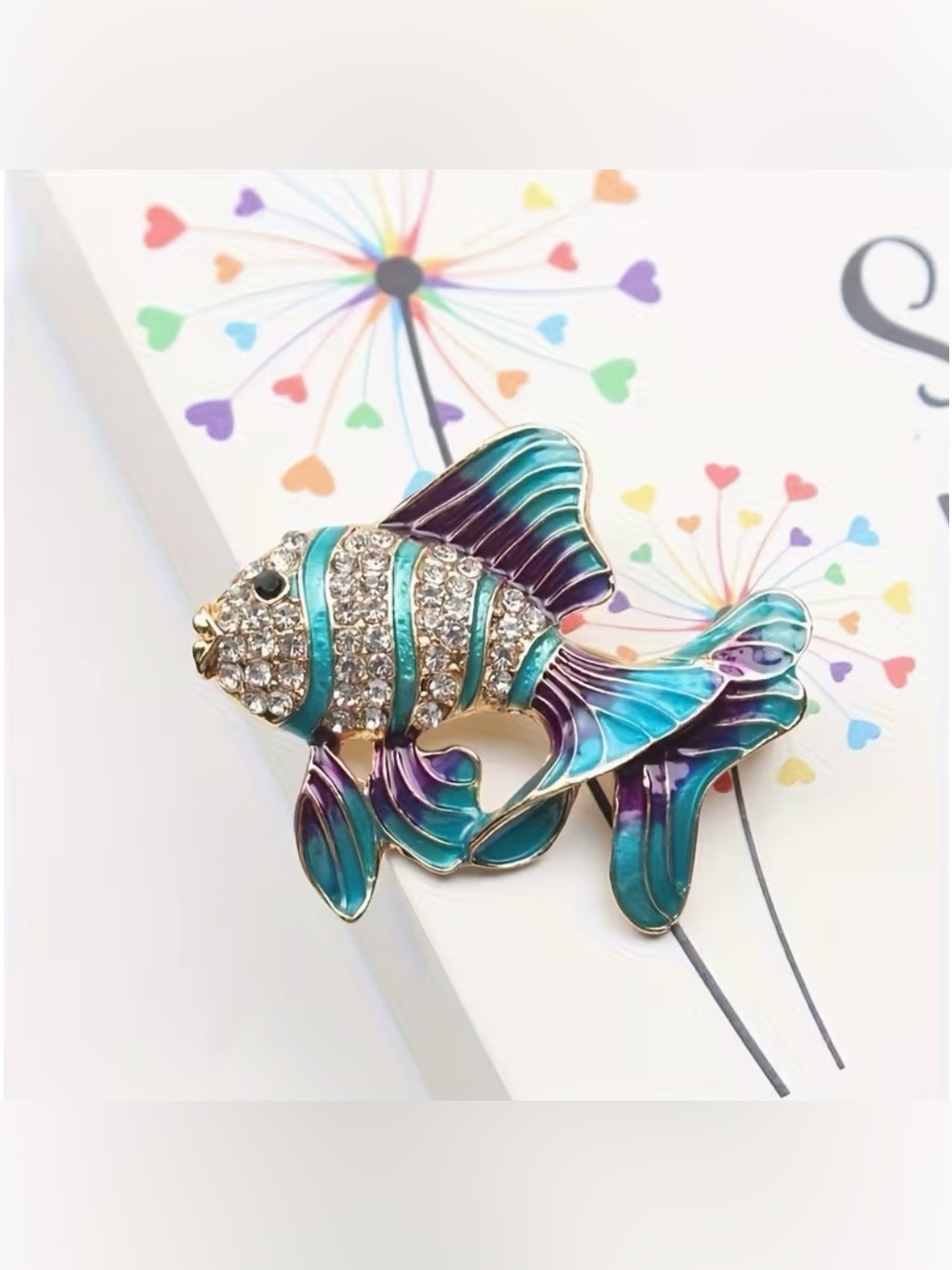 Fish Enamel & Rhinestone Brooch Modern